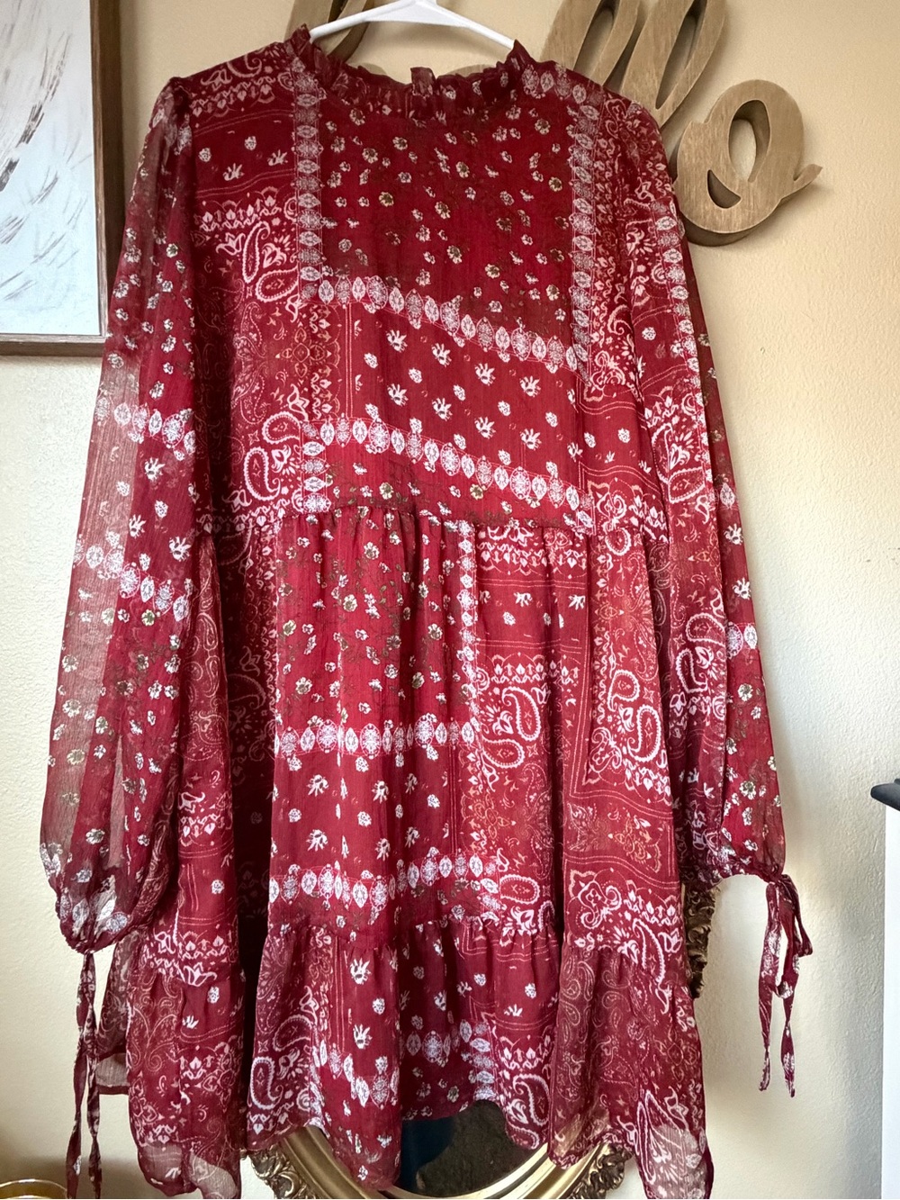 SHEIN Red Paisley Long-Sleeve Tiered Mini Dress